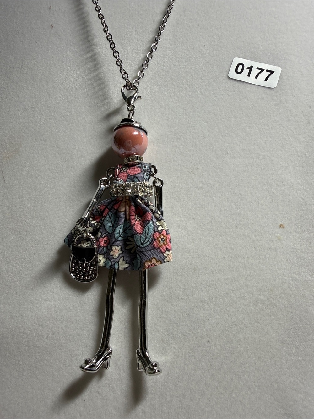 Silver-tone Floral Doll Pendant Necklace with Pink Bead